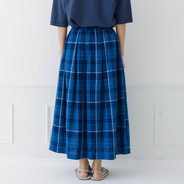 【kermu】棉麻格紋鬆緊腰打褶長裙 Japan E-Shop