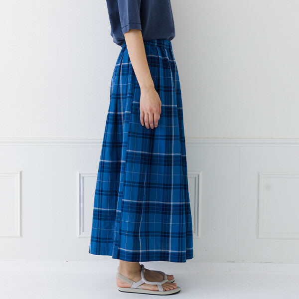 【kermu】棉麻格紋鬆緊腰打褶長裙 Japan E-Shop