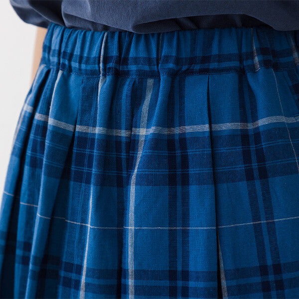 【kermu】棉麻格紋鬆緊腰打褶長裙 Japan E-Shop