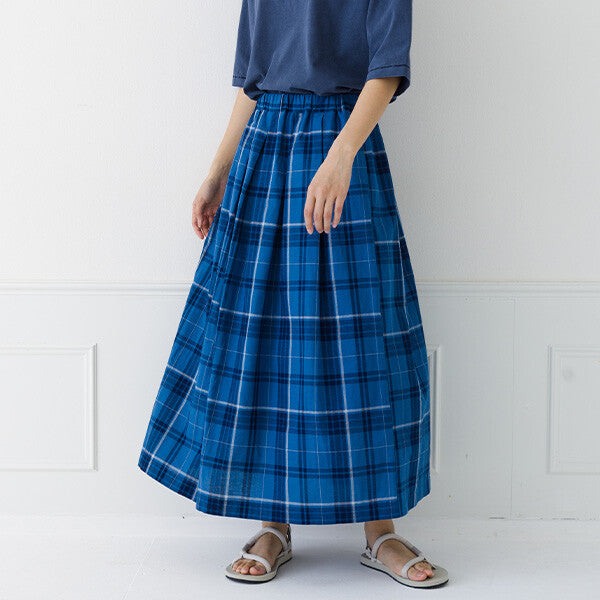 【kermu】棉麻格紋鬆緊腰打褶長裙 Japan E-Shop