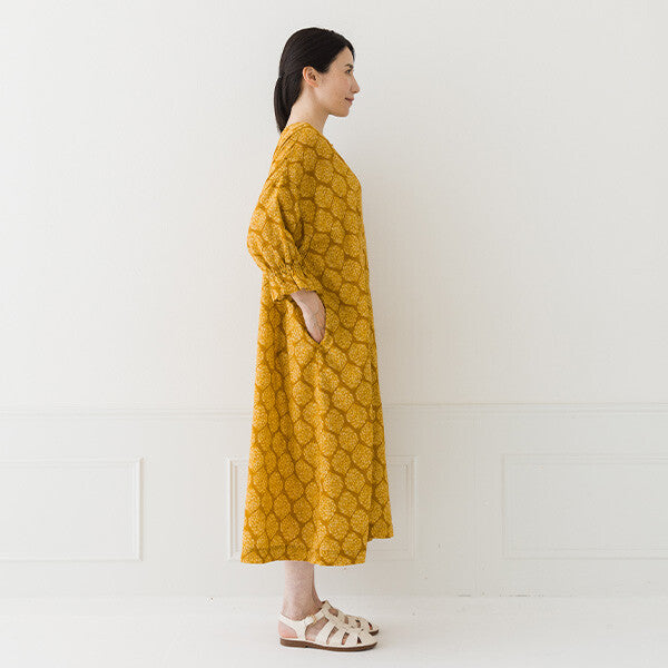【crea delice】棉麻印花蓬袖前開式洋裝 Japan E-Shop