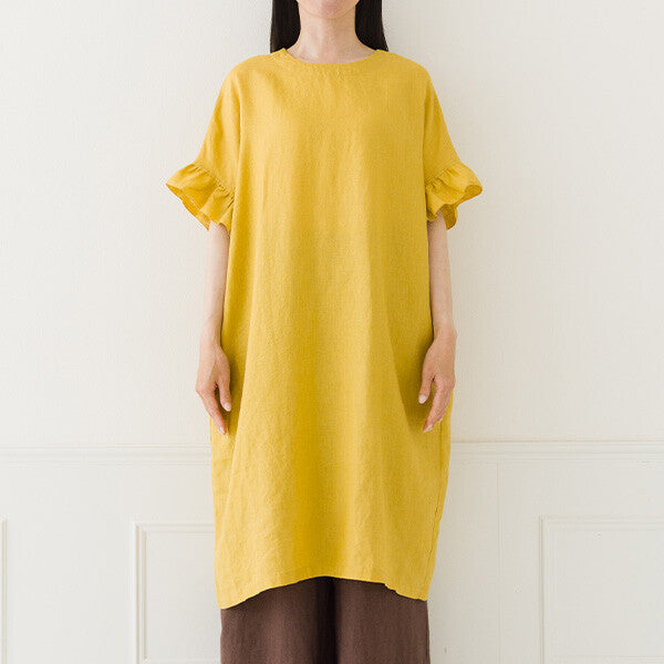 【crea delice】純麻荷葉袖長版洋裝 Japan E-Shop
