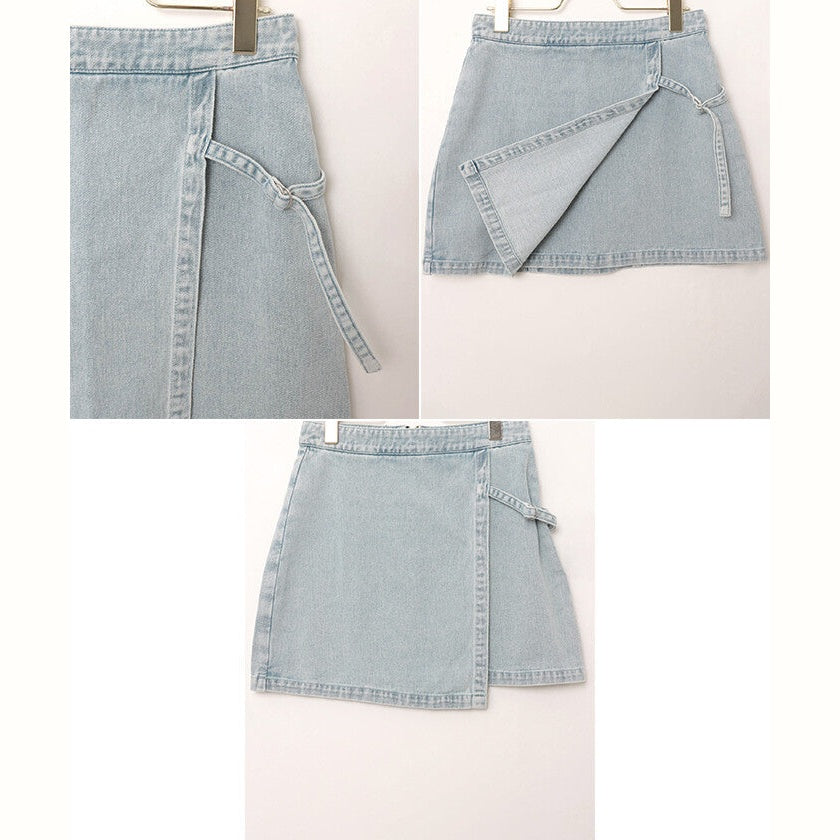 【Freesia】斜綁帶造型丹寧短裙 顯瘦A字剪裁牛仔裙 顏色