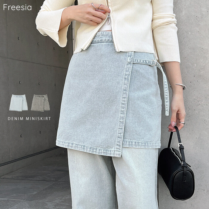 【Freesia】斜綁帶造型丹寧短裙 顯瘦A字剪裁牛仔裙 顏色