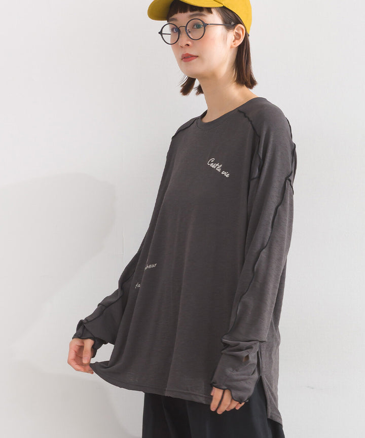 【iriey】透明感縷空拼接 隨機品牌字母 長袖上衣 Japan E-Shop