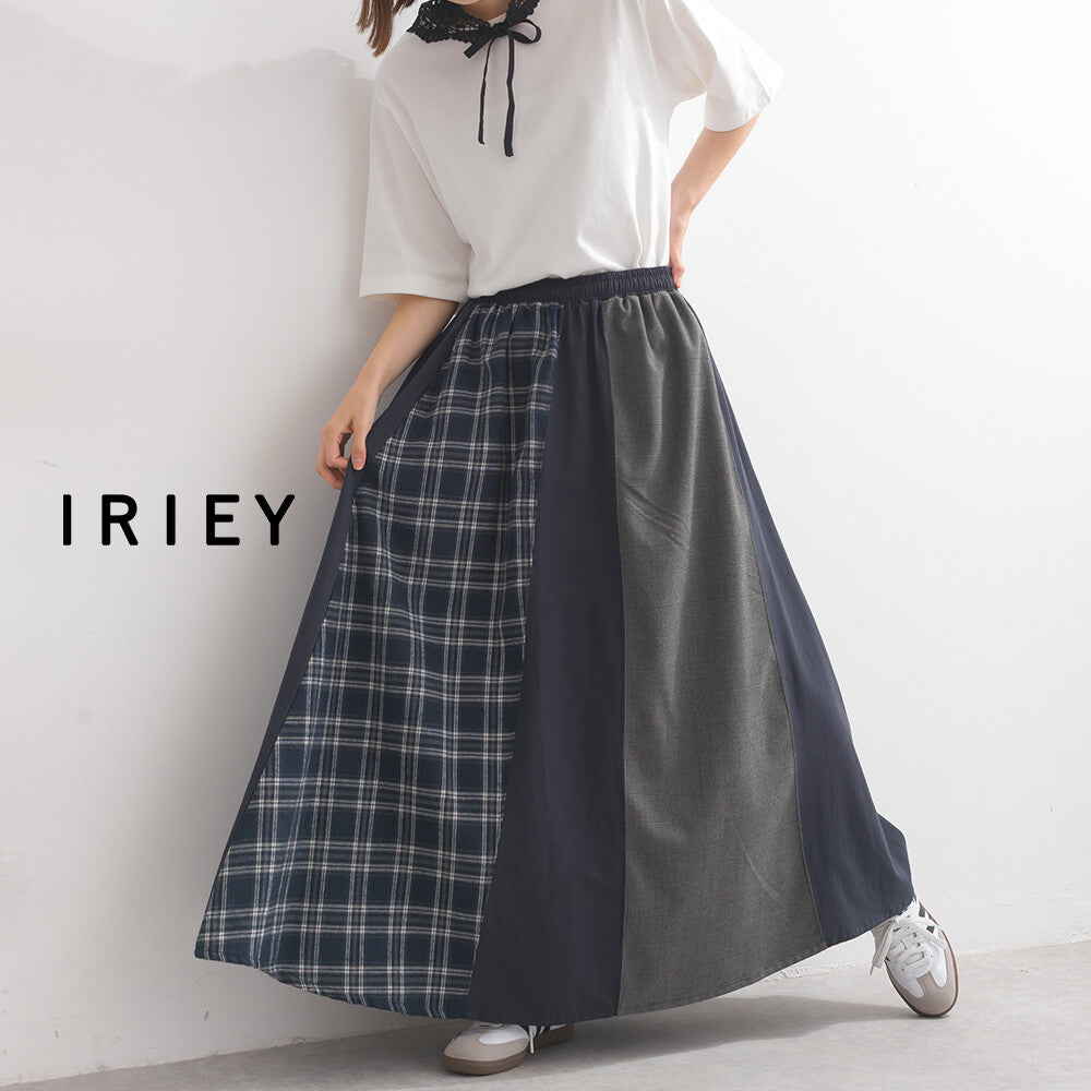 【iriey】格紋×素色大膽拼接 鬆緊腰 寬擺長裙 顏色