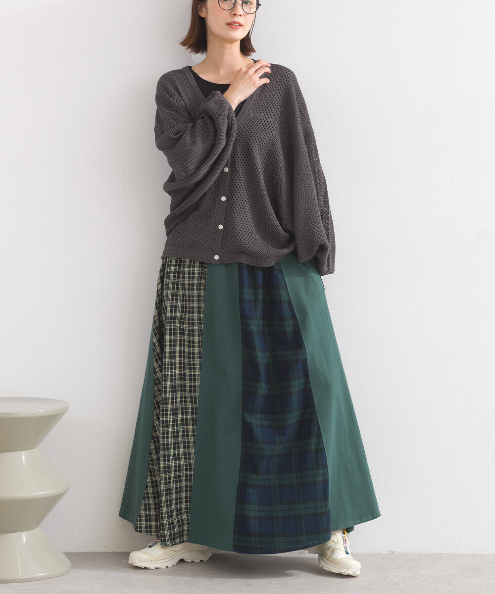 【iriey】格紋×素色大膽拼接 鬆緊腰 寬擺長裙 Japan E-Shop
