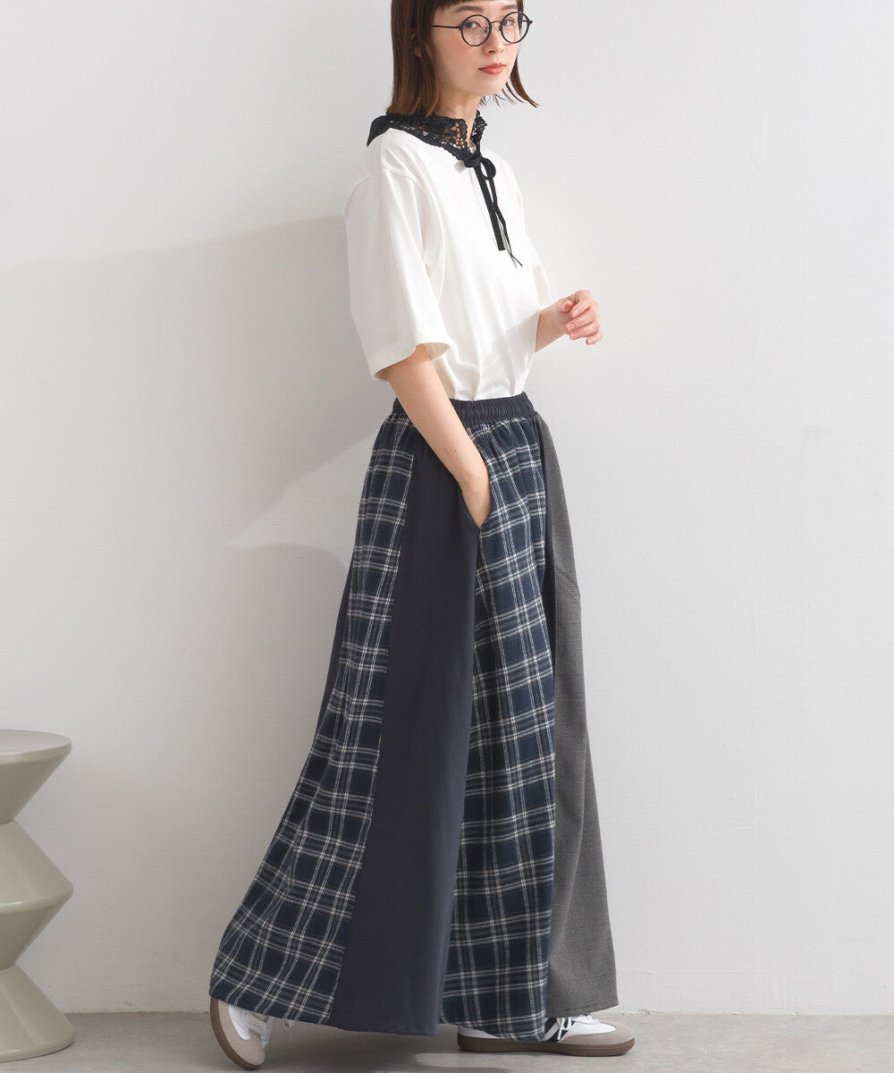【iriey】格紋×素色大膽拼接 鬆緊腰 寬擺長裙 Japan E-Shop