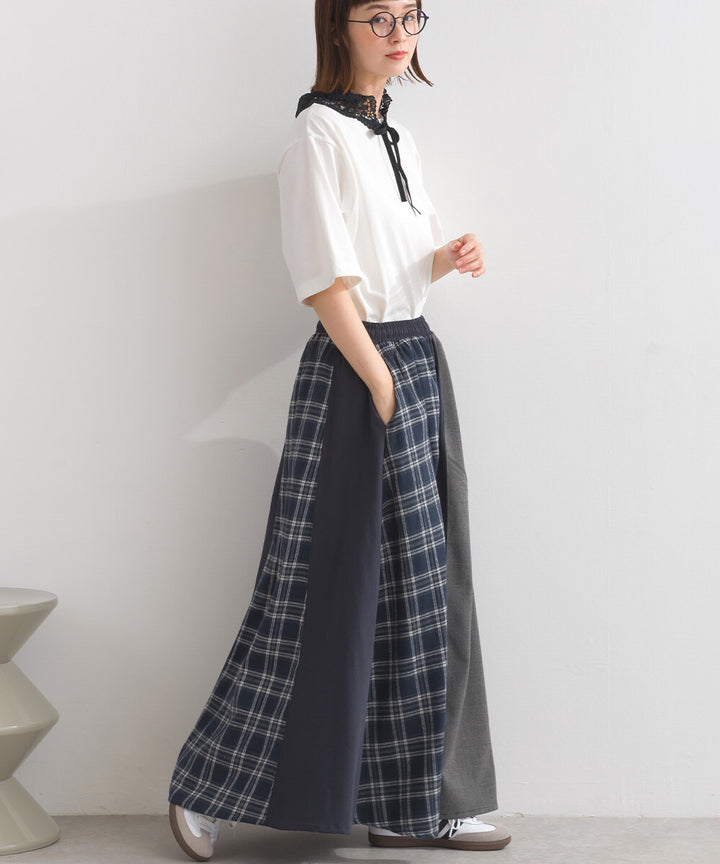 【iriey】格紋×素色大膽拼接 鬆緊腰 寬擺長裙 Japan E-Shop