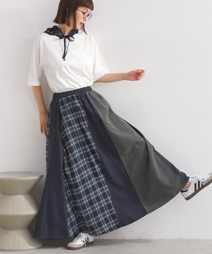 【iriey】格紋×素色大膽拼接 鬆緊腰 寬擺長裙 Japan E-Shop