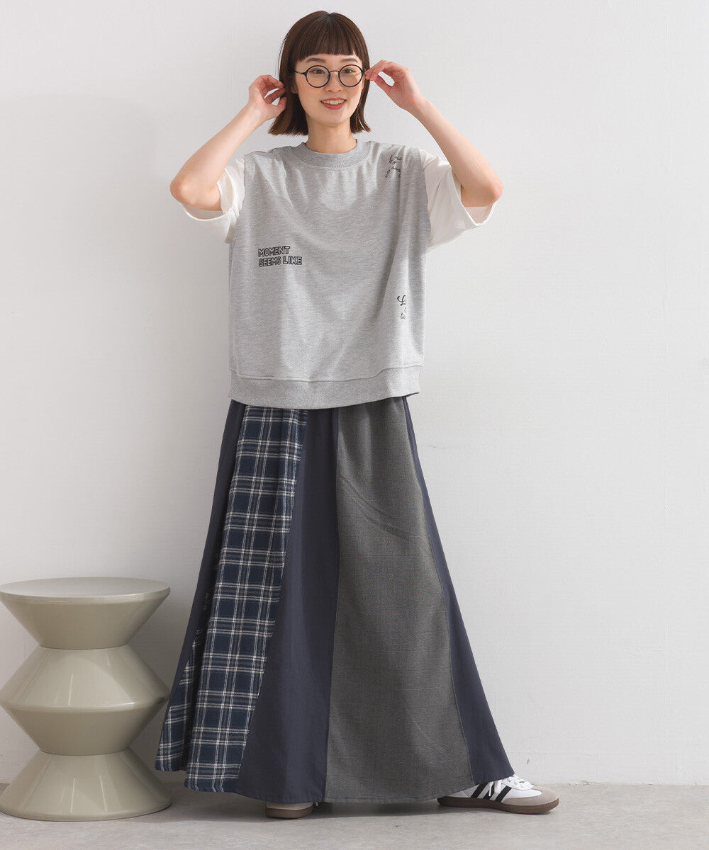 【iriey】格紋×素色大膽拼接 鬆緊腰 寬擺長裙 Japan E-Shop