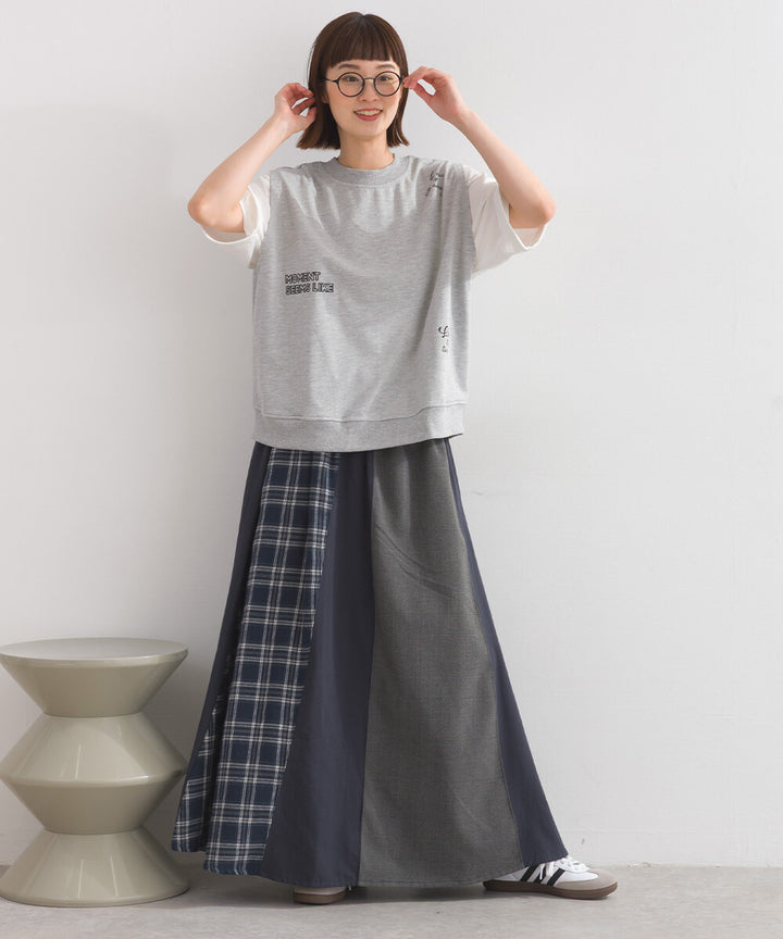 【iriey】格紋×素色大膽拼接 鬆緊腰 寬擺長裙 Japan E-Shop