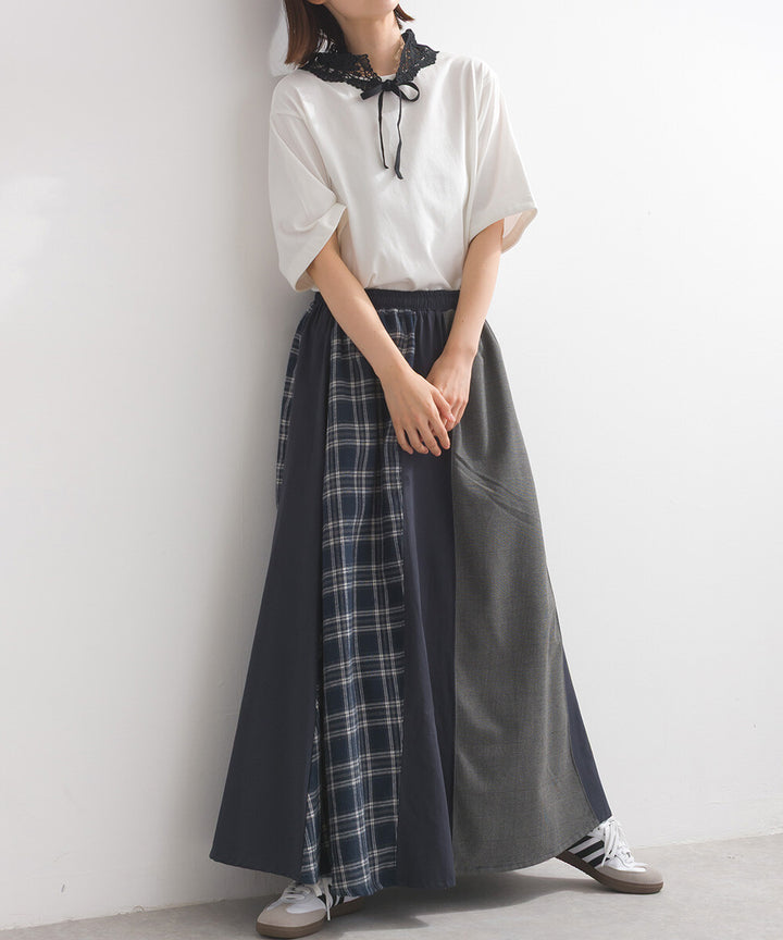【iriey】格紋×素色大膽拼接 鬆緊腰 寬擺長裙 Japan E-Shop
