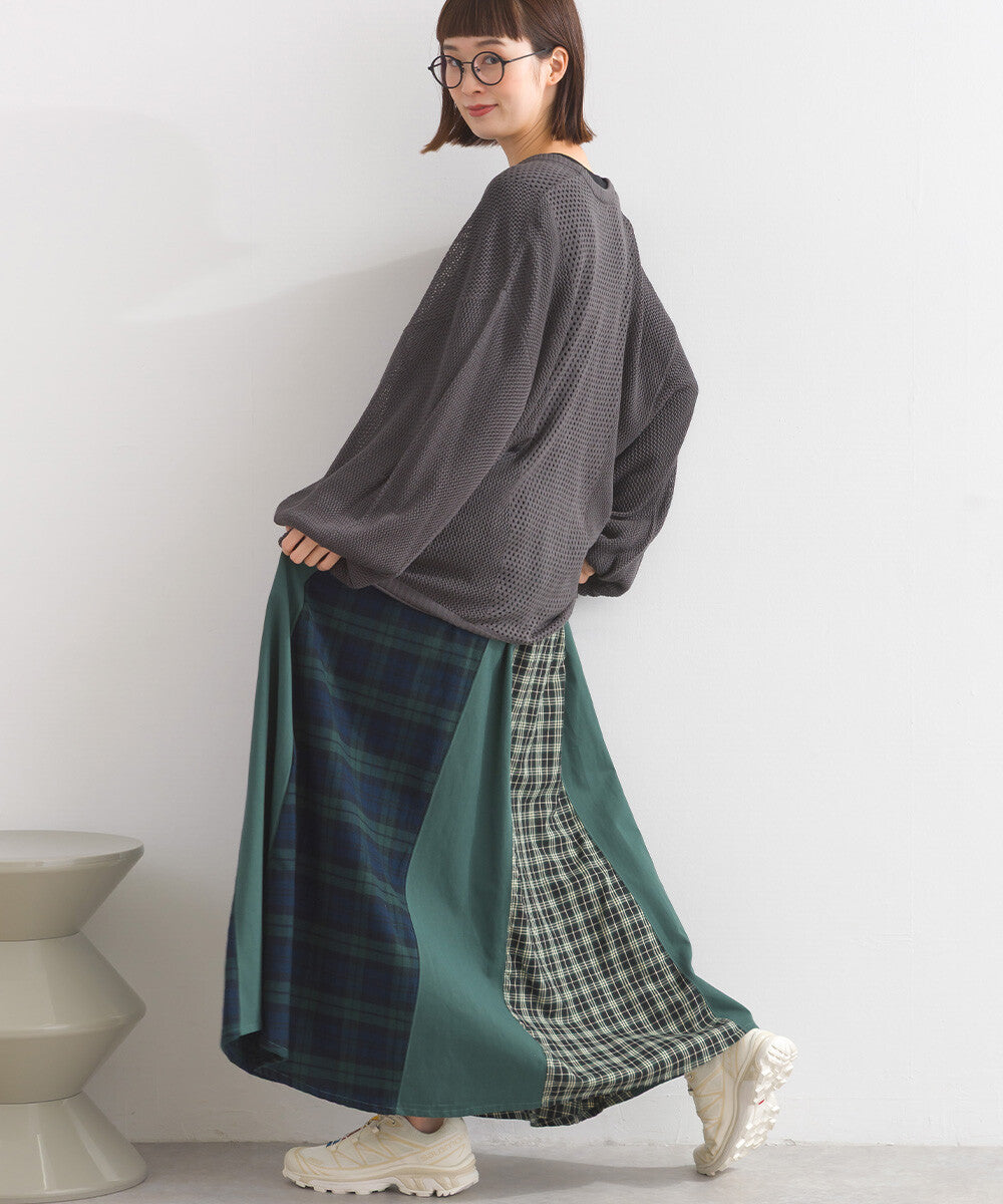 【iriey】格紋×素色大膽拼接 鬆緊腰 寬擺長裙 Japan E-Shop