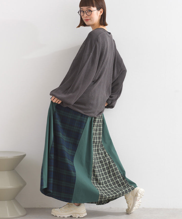 【iriey】格紋×素色大膽拼接 鬆緊腰 寬擺長裙 Japan E-Shop