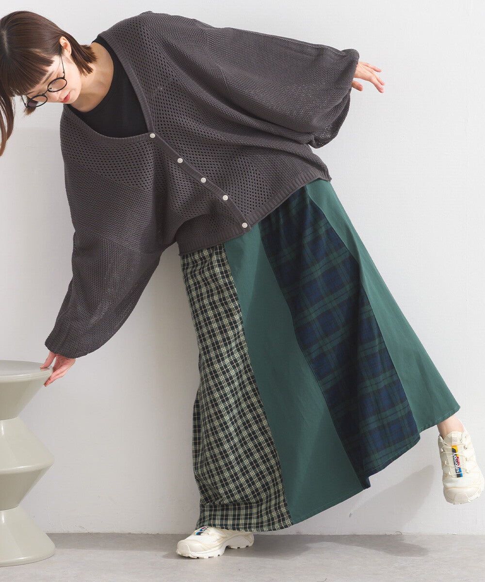 【iriey】格紋×素色大膽拼接 鬆緊腰 寬擺長裙 Japan E-Shop
