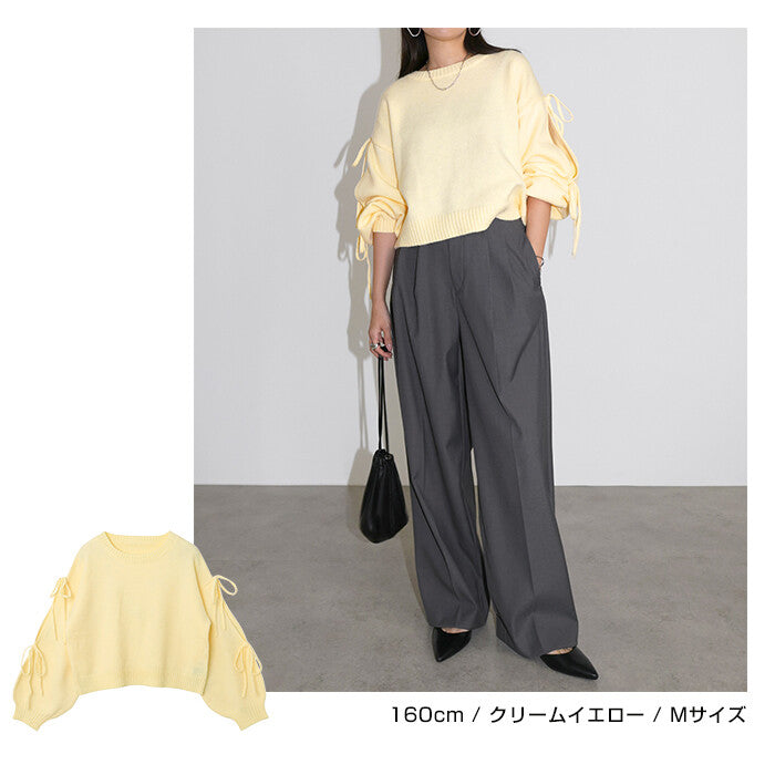 【Alma Design】袖開衩緞帶長袖針織上衣 蓬鬆袖女人味剪裁 顏色