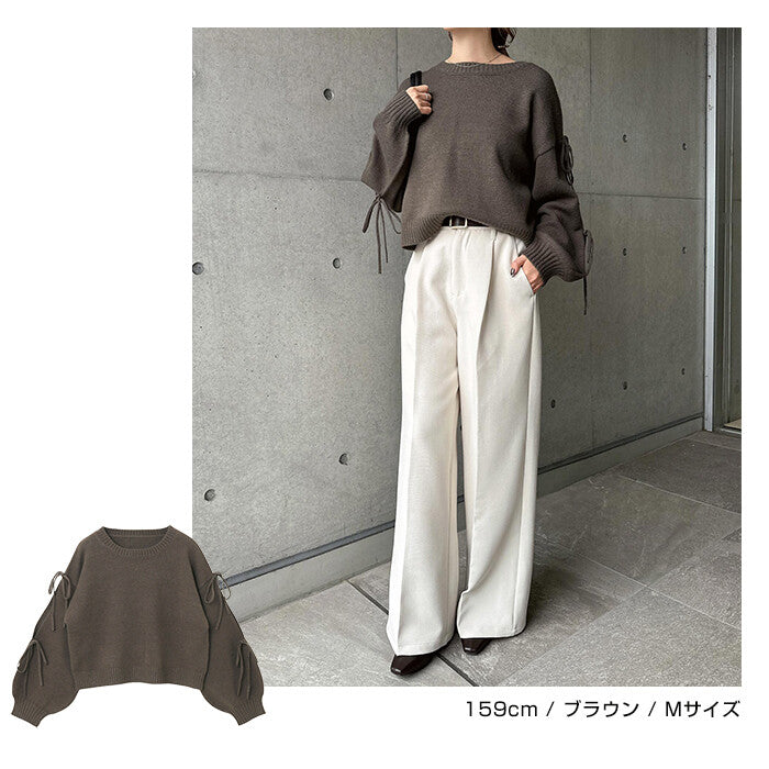 【Alma Design】袖開衩緞帶長袖針織上衣 蓬鬆袖女人味剪裁 顏色
