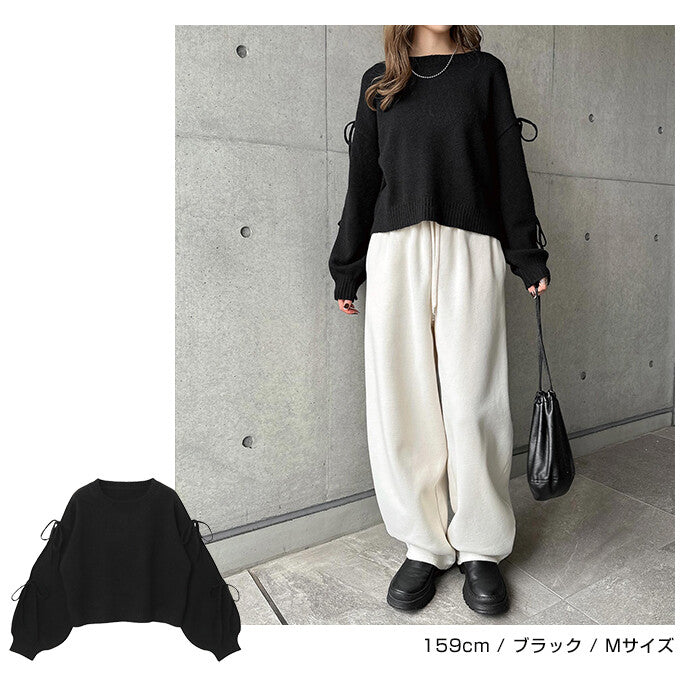 【Alma Design】袖開衩緞帶長袖針織上衣 蓬鬆袖女人味剪裁 顏色