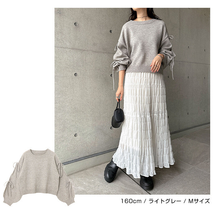 【Alma Design】袖開衩緞帶長袖針織上衣 蓬鬆袖女人味剪裁 顏色