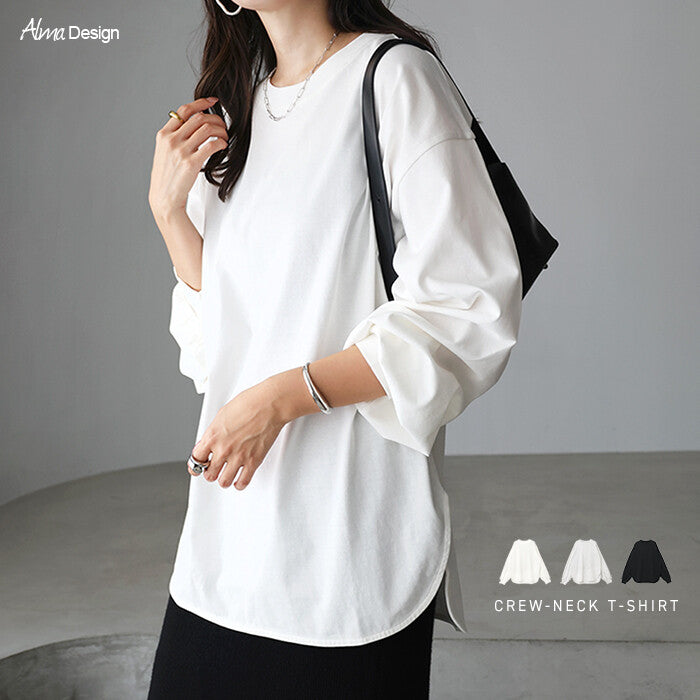 【Alma Design】圓領波浪下擺長袖T恤 蓬鬆袖顯瘦顯女人味 顏色