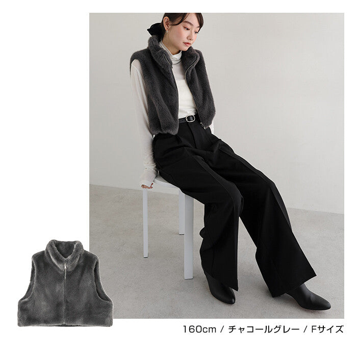 【Alma Design】短版仿皮草雙拉鍊背心 抽繩下擺顯瘦造型 顏色