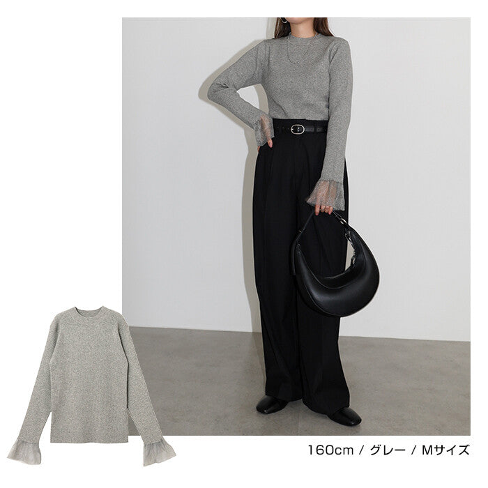 【Alma Design】薄紗荷葉袖口羅紋針織上衣 修身顯瘦氣質剪裁 顏色