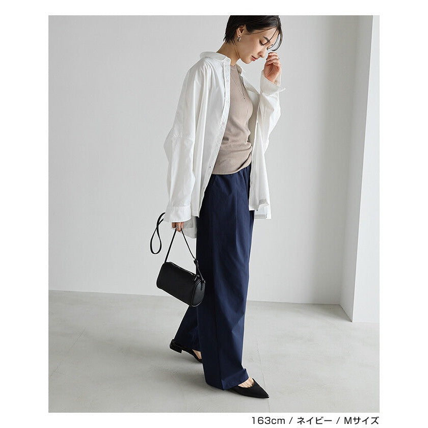 【evernavy】輕盈塔夫綢打褶寬褲 高腰鬆緊直筒版型 Japan E-Shop