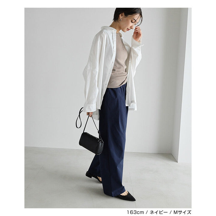 【evernavy】輕盈塔夫綢打褶寬褲 高腰鬆緊直筒版型 Japan E-Shop