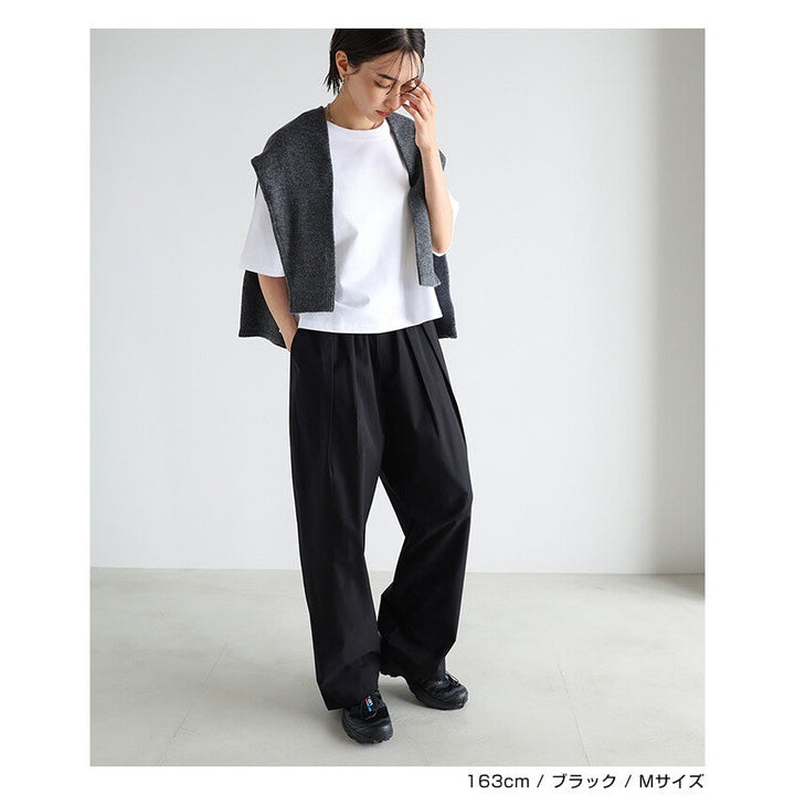 【evernavy】輕盈塔夫綢打褶寬褲 高腰鬆緊直筒版型 Japan E-Shop
