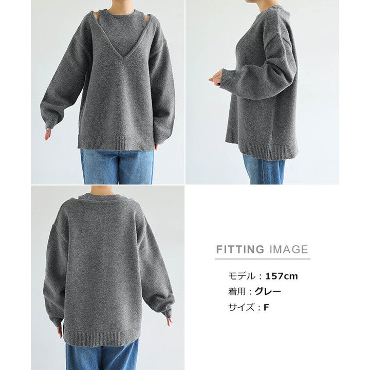 【Alma Design】肩部剪接仿疊穿針織上衣 顯瘦長版顯個性 顏色