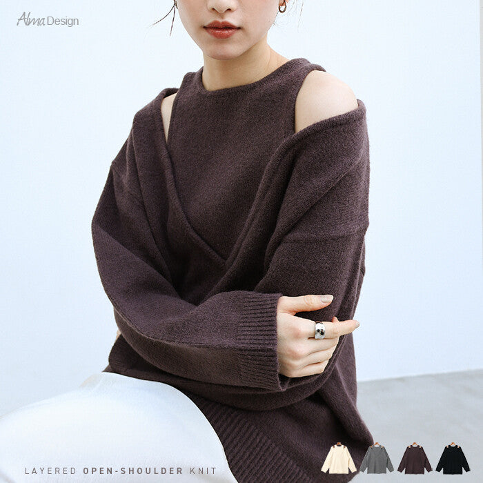 【Alma Design】肩部剪接仿疊穿針織上衣 顯瘦長版顯個性 顏色