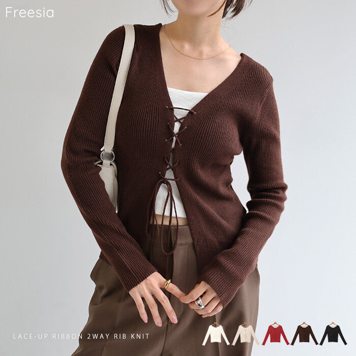 【Freesia】綁帶造型2way羅紋針織上衣 前後皆可穿顯瘦剪裁 顏色