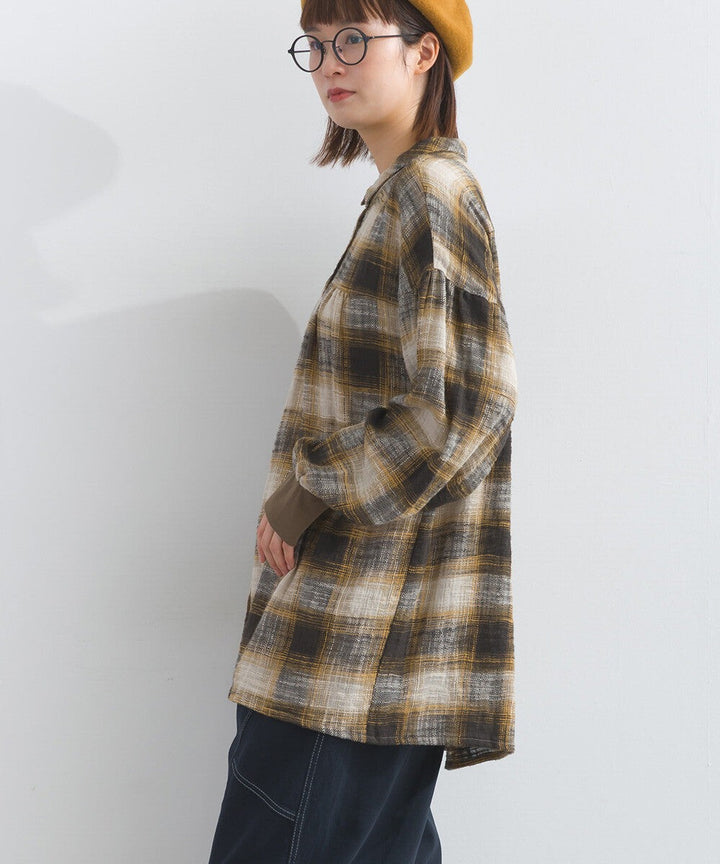 【iriey】起毛格紋 波浪裙擺 寬鬆長版上衣 Japan E-Shop