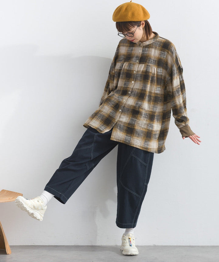 【iriey】起毛格紋 波浪裙擺 寬鬆長版上衣 Japan E-Shop