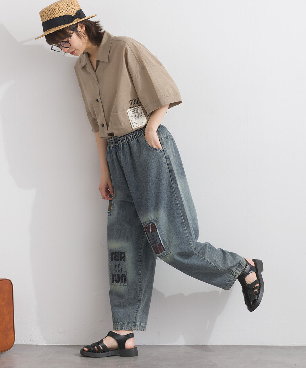 【iriey】拼布印花設計 鬆緊腰 寬版牛仔褲 Japan E-Shop