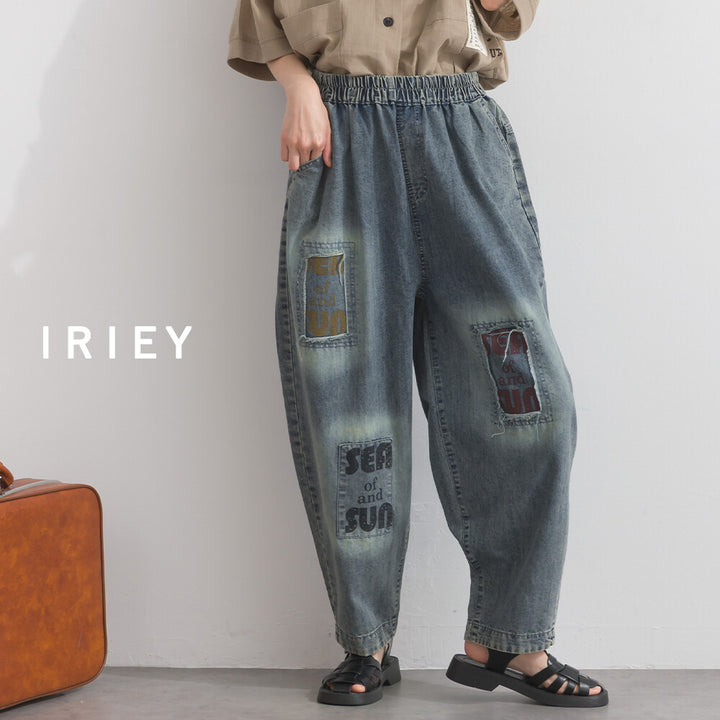 【iriey】拼布印花設計 鬆緊腰 寬版牛仔褲 Japan E-Shop
