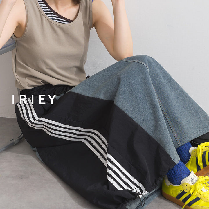 【iriey】側線條織帶 牛仔拼接 抽繩側口袋長裙 Japan E-Shop