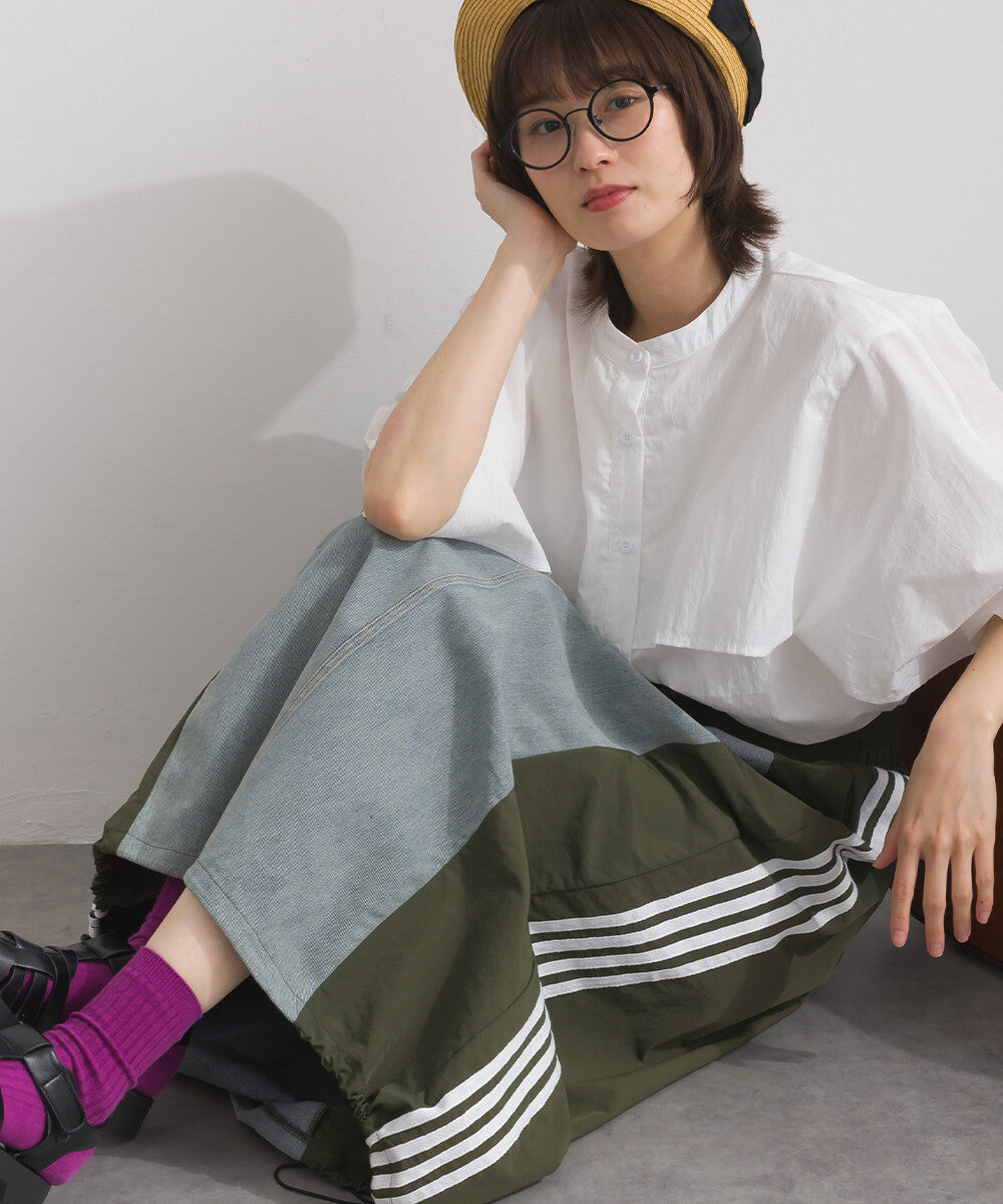 【iriey】側線條織帶 牛仔拼接 抽繩側口袋長裙 Japan E-Shop