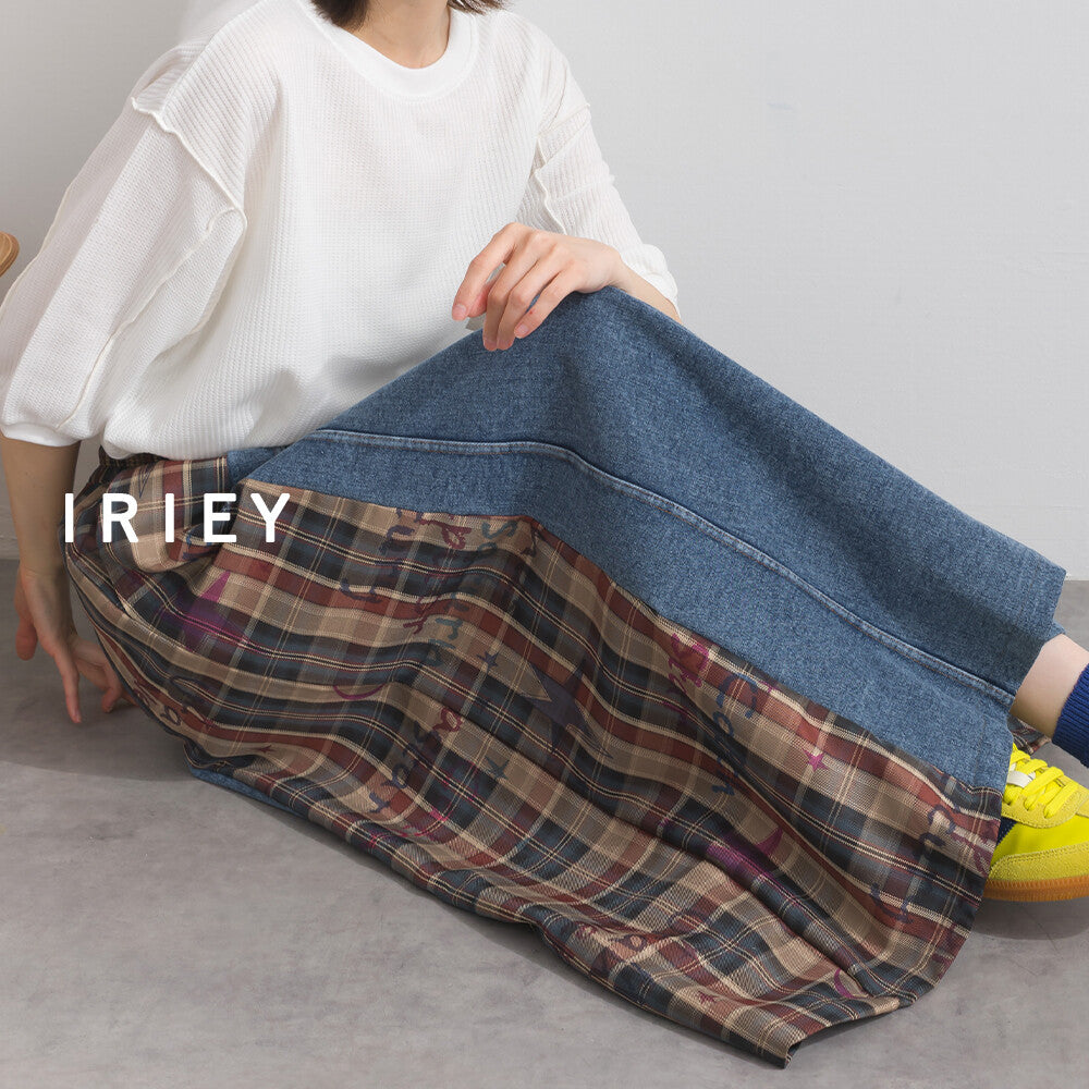【iriey】牛仔×格紋拼接 鬆緊腰 A字長裙 顏色