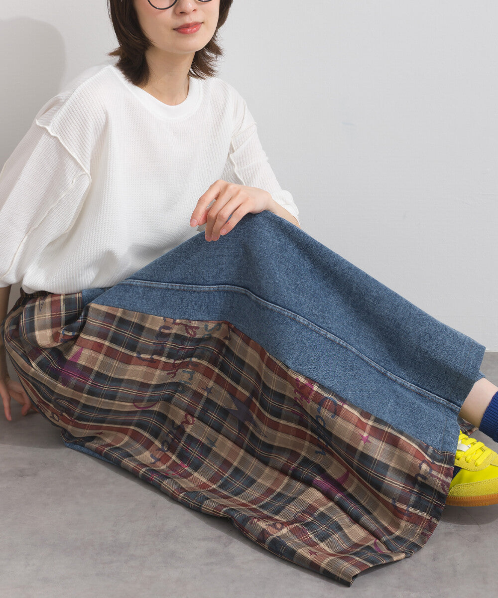 【iriey】牛仔×格紋拼接 鬆緊腰 A字長裙 Japan E-Shop