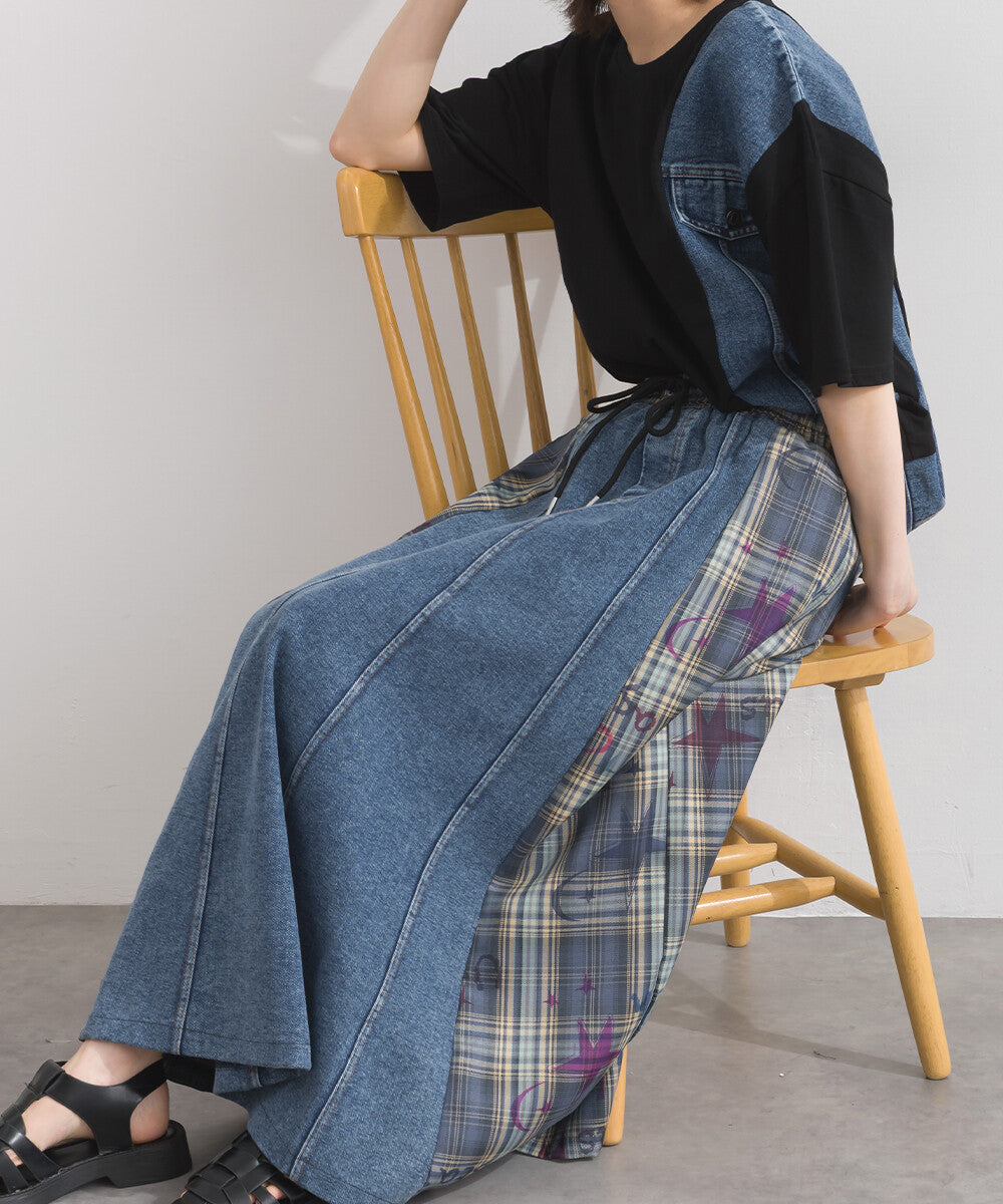 【iriey】牛仔×格紋拼接 鬆緊腰 A字長裙 Japan E-Shop