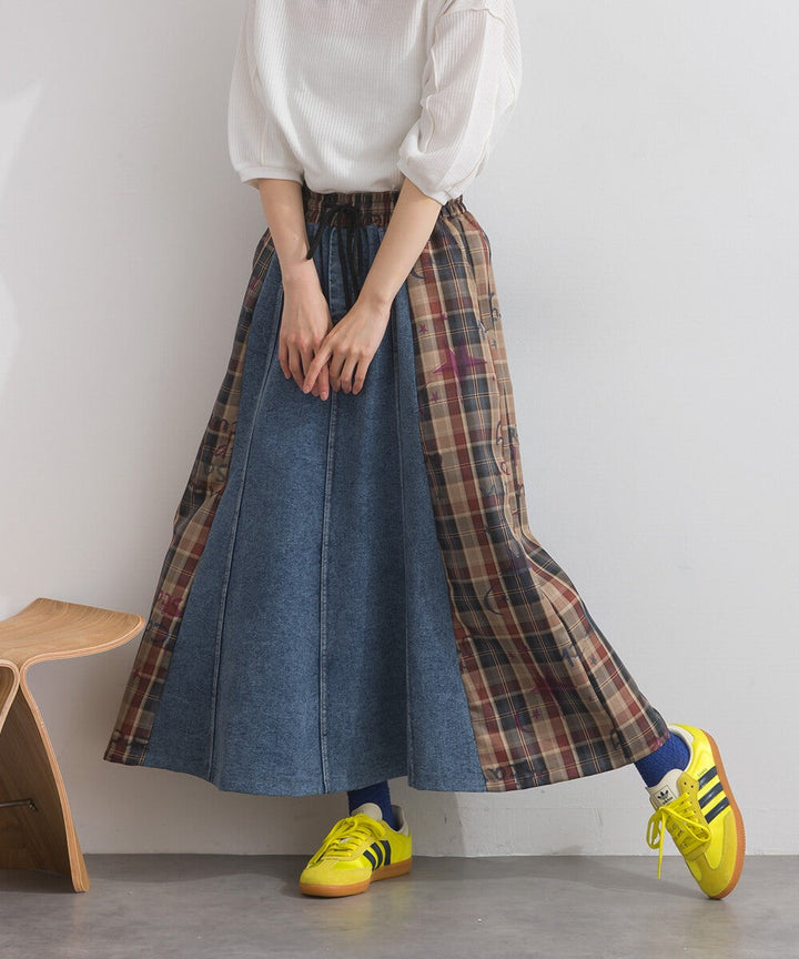 【iriey】牛仔×格紋拼接 鬆緊腰 A字長裙 Japan E-Shop