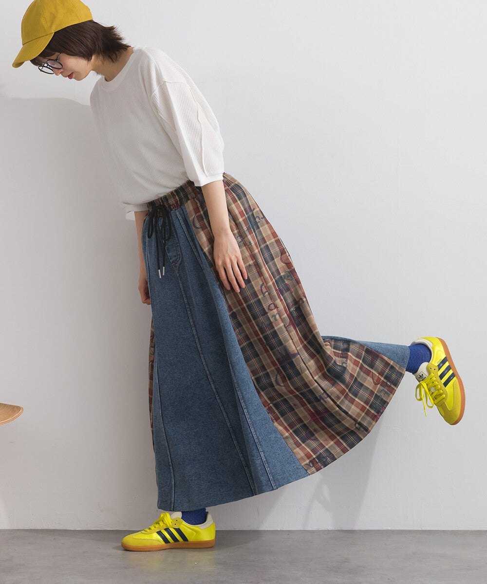 【iriey】牛仔×格紋拼接 鬆緊腰 A字長裙 Japan E-Shop