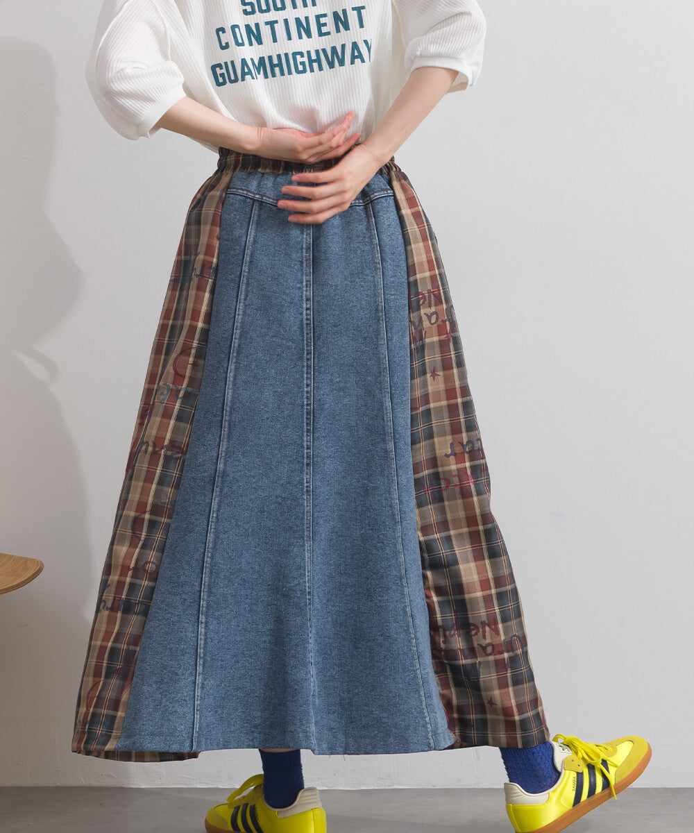 【iriey】牛仔×格紋拼接 鬆緊腰 A字長裙 Japan E-Shop