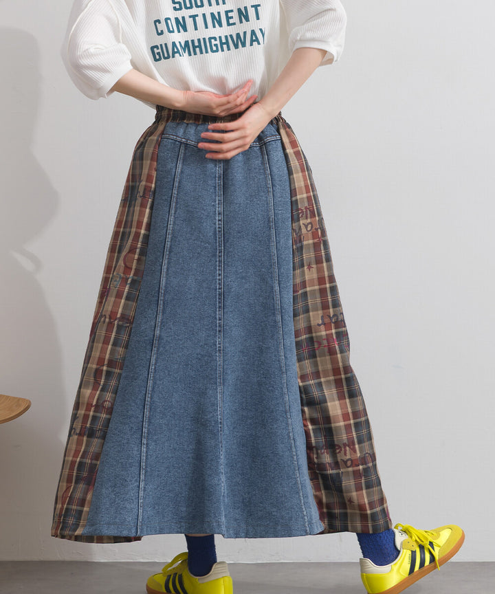 【iriey】牛仔×格紋拼接 鬆緊腰 A字長裙 Japan E-Shop