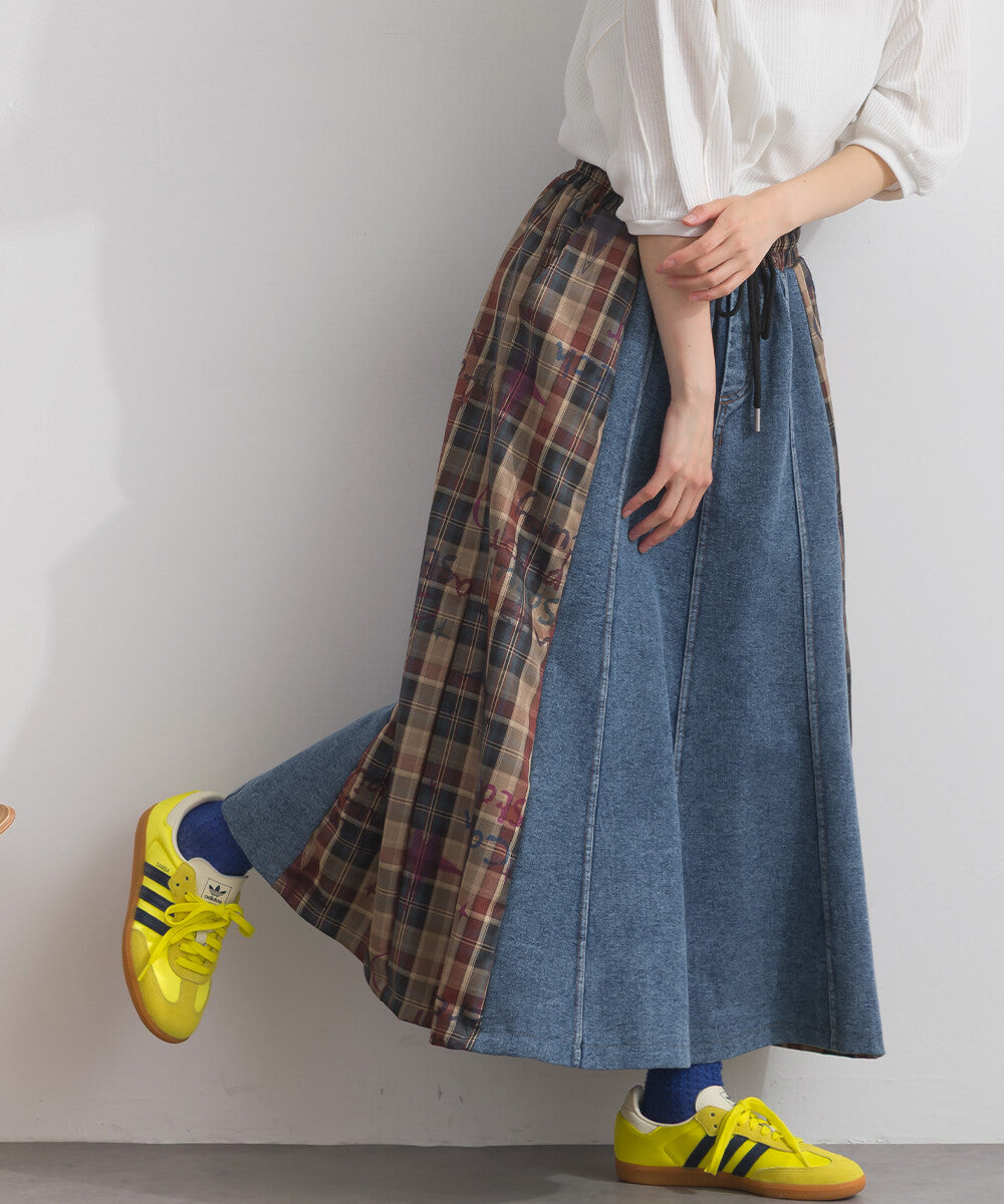 【iriey】牛仔×格紋拼接 鬆緊腰 A字長裙 Japan E-Shop