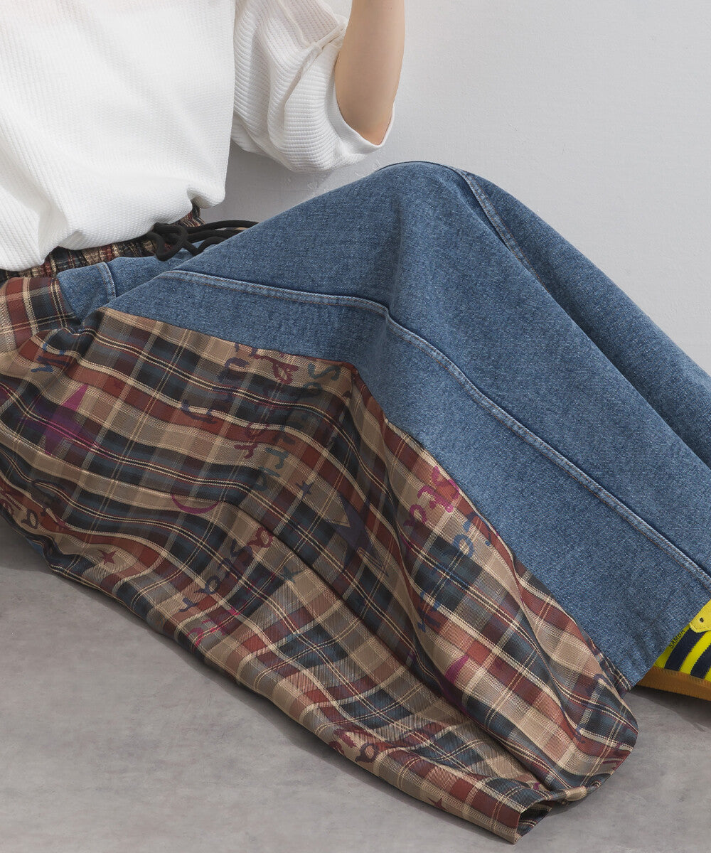 【iriey】牛仔×格紋拼接 鬆緊腰 A字長裙 Japan E-Shop