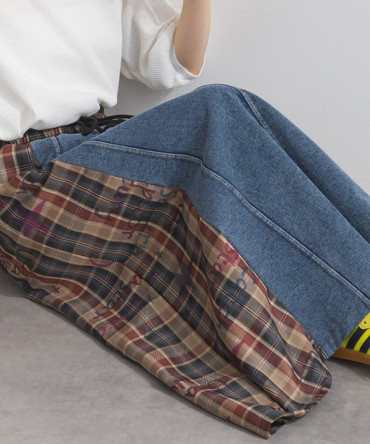 【iriey】牛仔×格紋拼接 鬆緊腰 A字長裙 Japan E-Shop