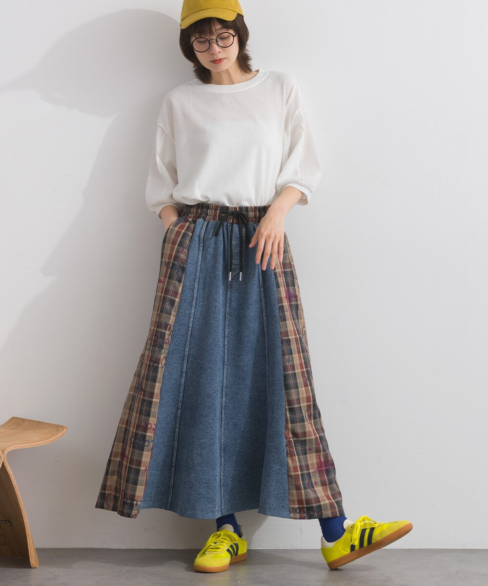 【iriey】牛仔×格紋拼接 鬆緊腰 A字長裙 Japan E-Shop